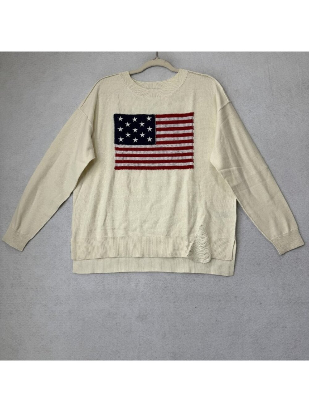 Peace Love World Sweater Womens Medium White USA Flag Crewneck Knit Pullover